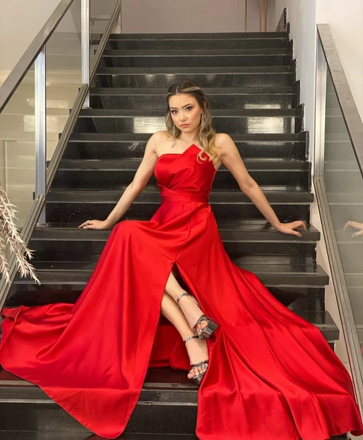 Elegant Long Satin Red Prom Dresses with Pockets Corset Back Pleated Side Slit Robe De Soiree Floor Length Formal Party Gown AliExpress