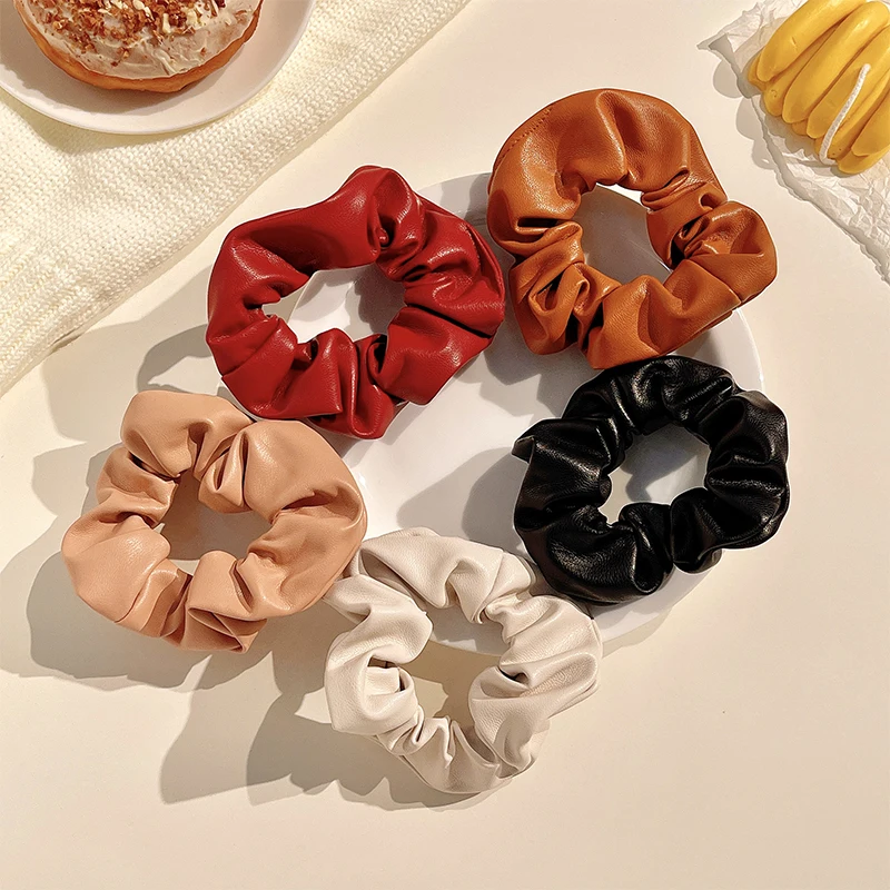 Women Girls Vintage Elegant Leather Elastic Hair Bands Lady Lovely Soft Leather Scrunchies Rubber Bands Female Hair Accessories