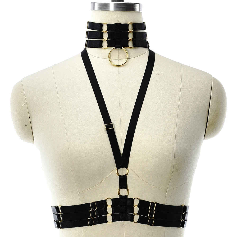 

JLX-HARNESS Goth Collar Gold Color Accessories Black Adjustable Crop Top Cage Bra Women Sexy Lingerie Bondage Body Harness Belt