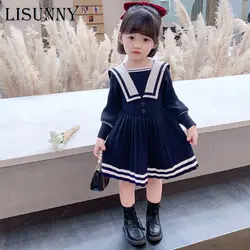 Children Fall Clothes Autumn Baby Girls College Style Lapel Long-sleeved Dress Kid Knitted Sweater Dress Sailor Collar 2-8
