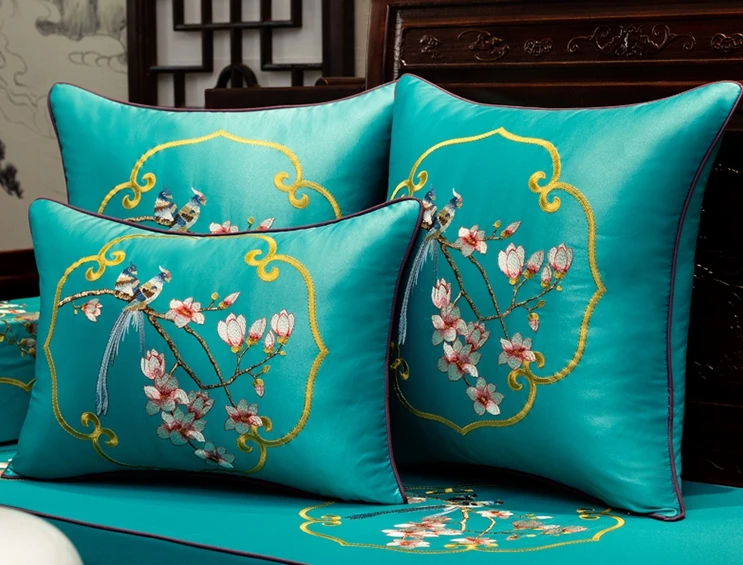 Custom Fine Embroidery Magnolia Flower Birds Damask Cover Cushion Pillow Case Decor China Sofa Chair Cushion Lumbar Pillow Cover