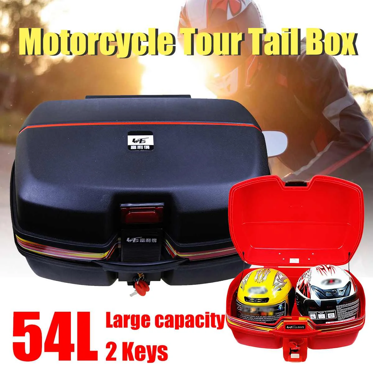 54L Motorcycle Trunk Waterproof Motor Top Case for double Helmet Motorbike Rear Storage Luggage Tool Box with Secure Latch Black