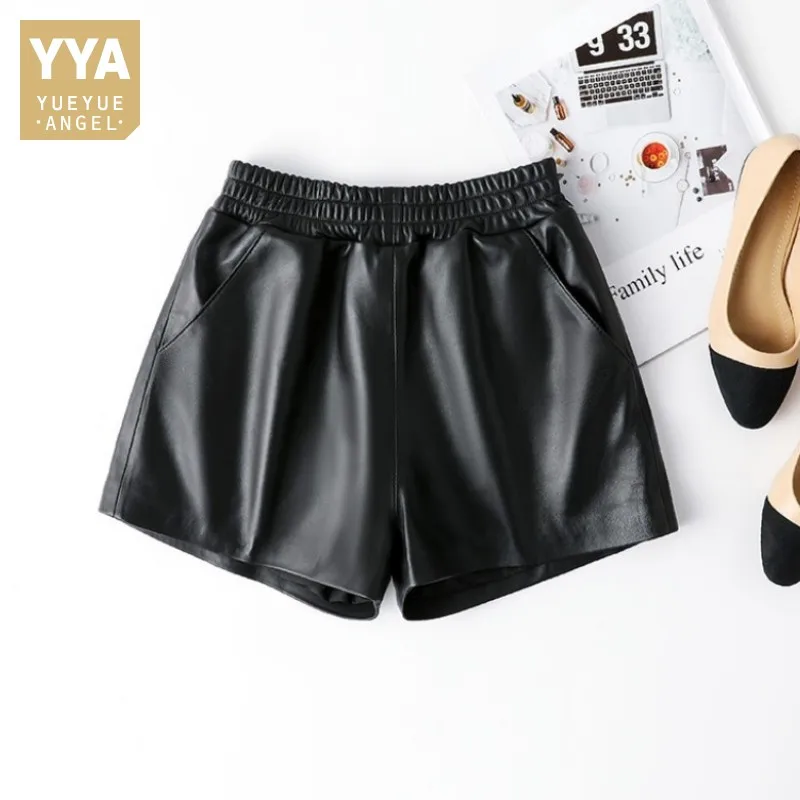 Fashion Women Casual Loose Fit Genuine Leather Shorts Streetwear Real Sheepskin Wide Leg Short Trousers Shorts Size 3XL