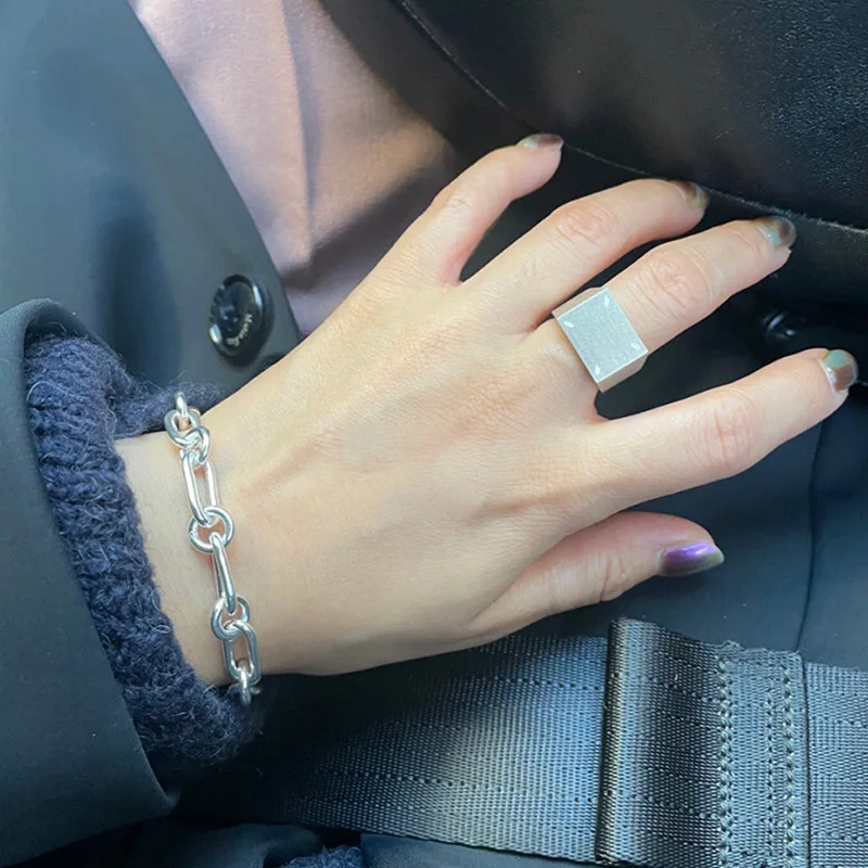 QMCOCO Minimalist Silver Color Square Wide Ring Fashion Elegant Charm Couples Matte Texture Party Jewelry Gift For Woman Man
