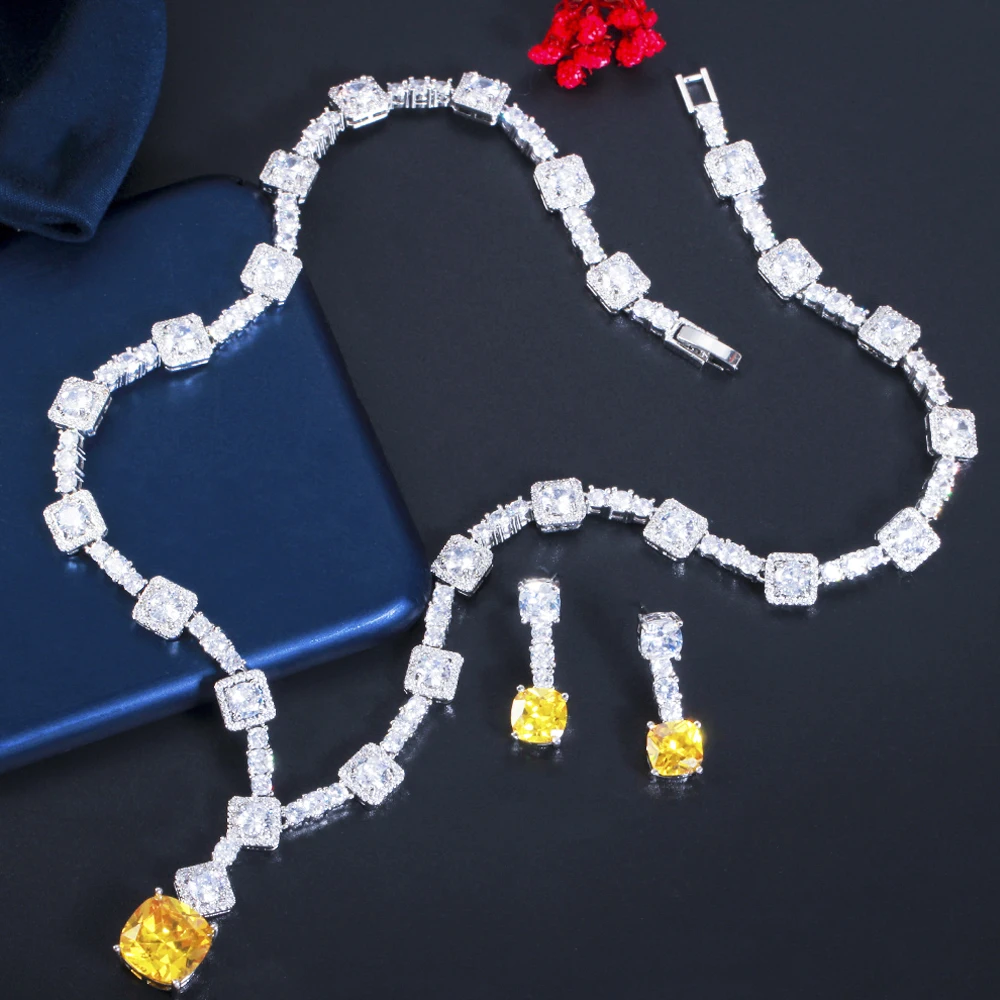 ThreeGraces Elegant Yellow CZ Crystal Silver Color Big Square Drop Earrings Necklace Wedding Party Jewelry Sets for Women TZ581