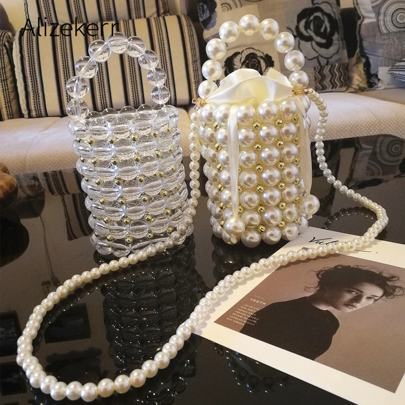 Luxury Big Pearl Bucket Bag Women Chic Handmade Clear Beading Evening Clutch Purses And Handbags Ladies Messenger Bags Dinner