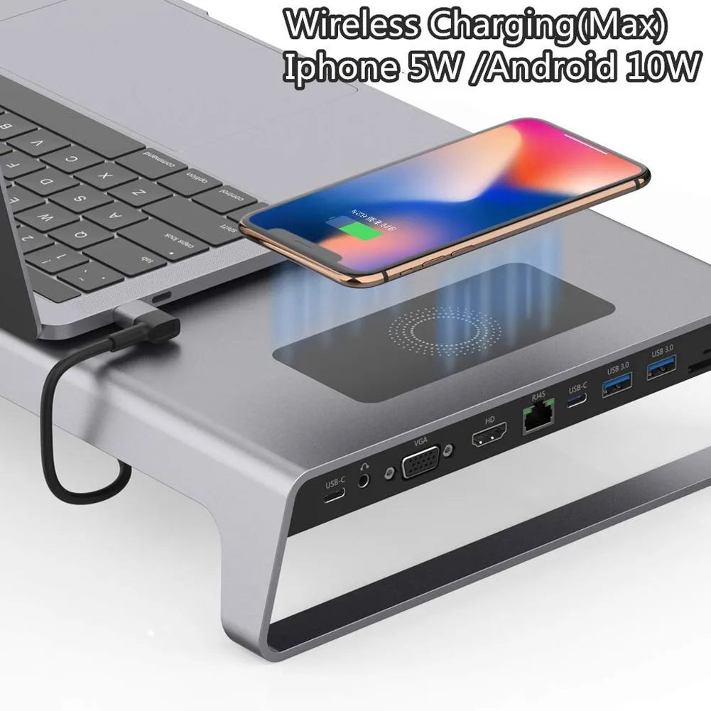 Imagem -03 - Suporte do Suporte do Monitor de Alumínio Docking Station com Usb c Hub Carga sem Fio Compatível com Hdmi 4k hd Vga Cartão tf