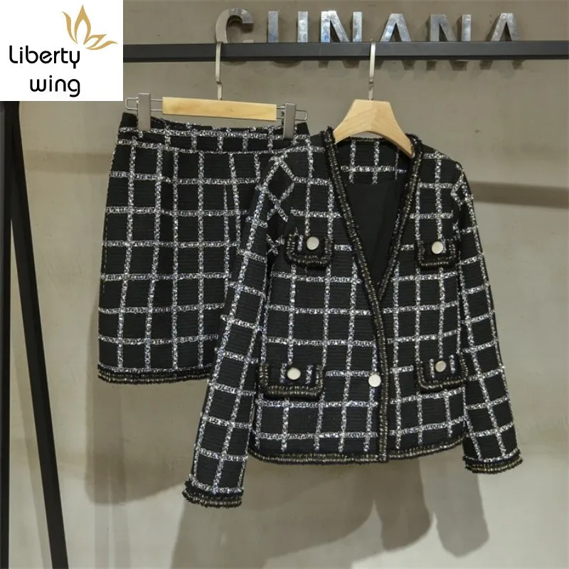 

Elegant Qualities Womens Autumn Winter Plaid Tweed Sets Fashion Long Sleeve Single Button V-Neck Short Coats Slim Fit A-Line