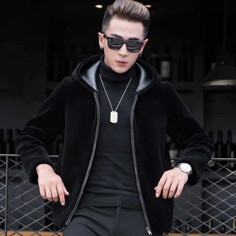 Winter Autumn Shearling Jacket Leather Hooded Overcoat Slim Fit Men Real Fur Warm Wool Lining Coats Large Size 4XL Male Clothes