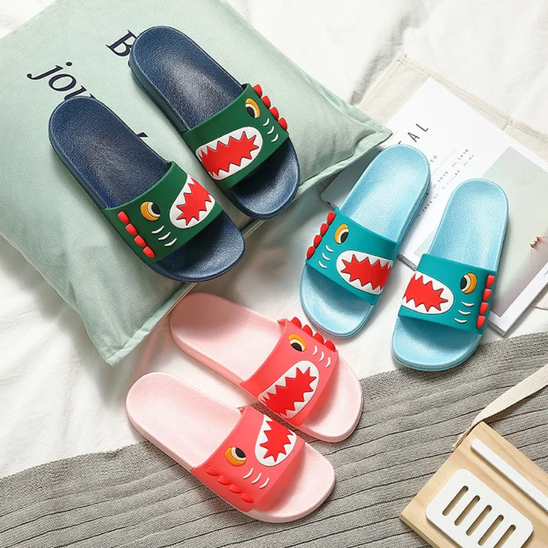 Women Summer Slippers Indoor Home Cute Cartoon Dinosaur Fretwork Thick Flat Heel Bathroom Slides Non Slip Cute Ladies Shoes 2021