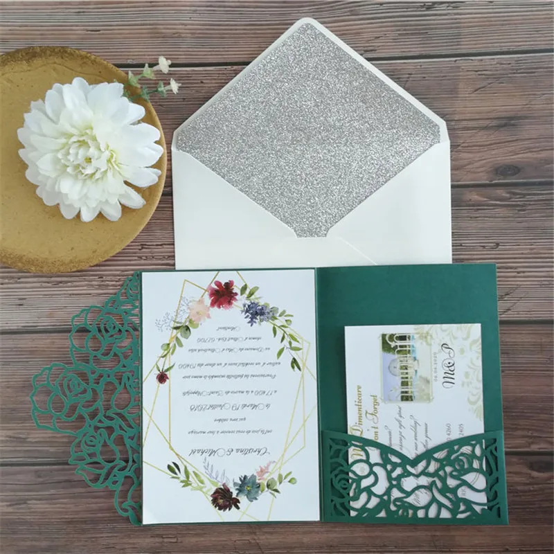 

Greenery wedding invitation suite laser cut tri-fold floral pocket printable invite save the day