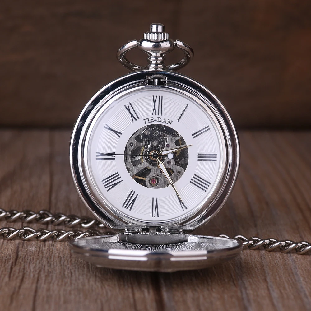 Fashion Silver Steel Locomotive Hand Wind Double open Mechanical Pocket Watch Men Womens Jewelry Fob Watch