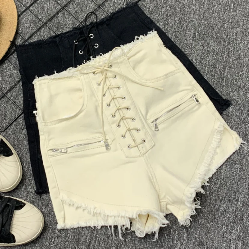 

summer fashion lace up jeans shorts women high waist denim shorts