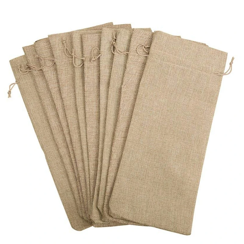 10pcs Jute Wine Bags, 14 x 6 1/4 inches Hessian Wine Bottle Gift Bags with Drawstring