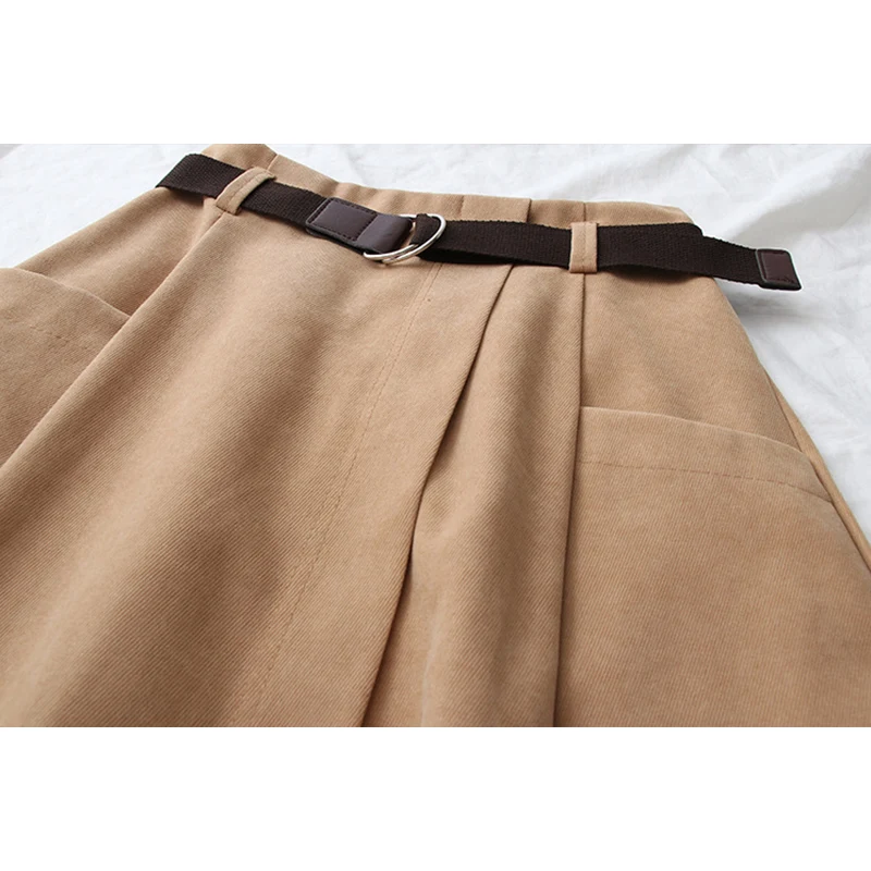 2023 Women Korean Style Fashion Elastic Waist Black Female Spring Autumn High Waist Midi Skirt with Belt Irregular Skirts Khaki