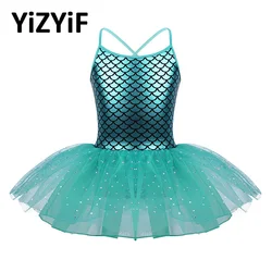 YiZYiF-vestido con purpurina para niñas, Traje de Ballet con estampado de escamas, leotardo de gimnasia, tutú de Ballet, para baile