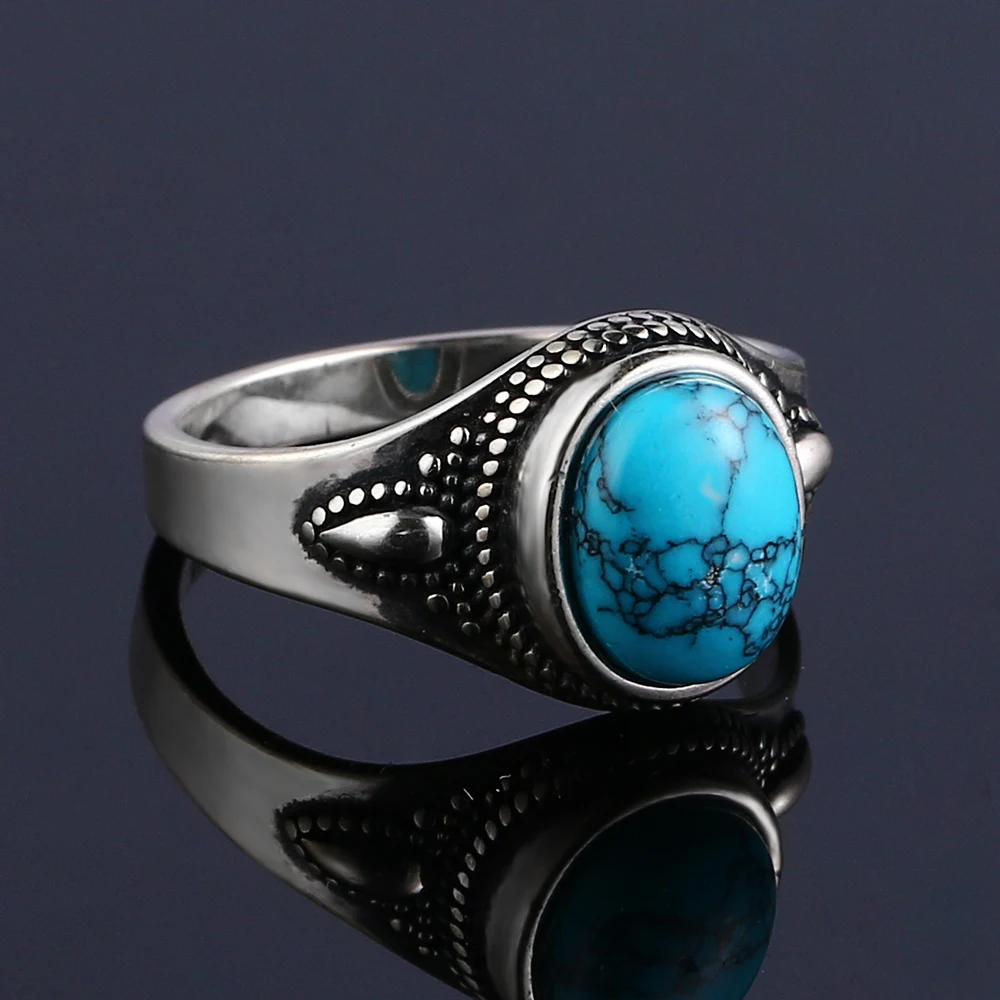 S925 Silver Natural Turquoise Engagement Rings for Women Men Vintage Fine Jewelry Hot Sale Party Ring Gift