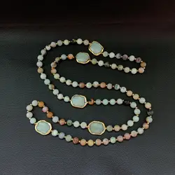 42'' 8mm Mixed Color Amazonite Gold color Plated Amazonite  Nugget long Necklace sweater chain necklace for women