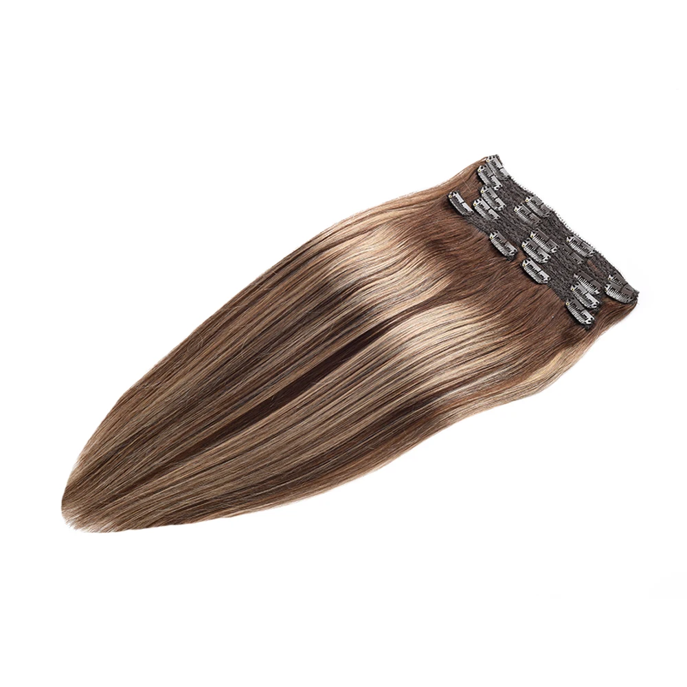 Toysww Clip in Hair Extensions Human Hair Ombre Chocolate Brown to Caramel Blonde Real Human Hair Clip in Extensions Blonde