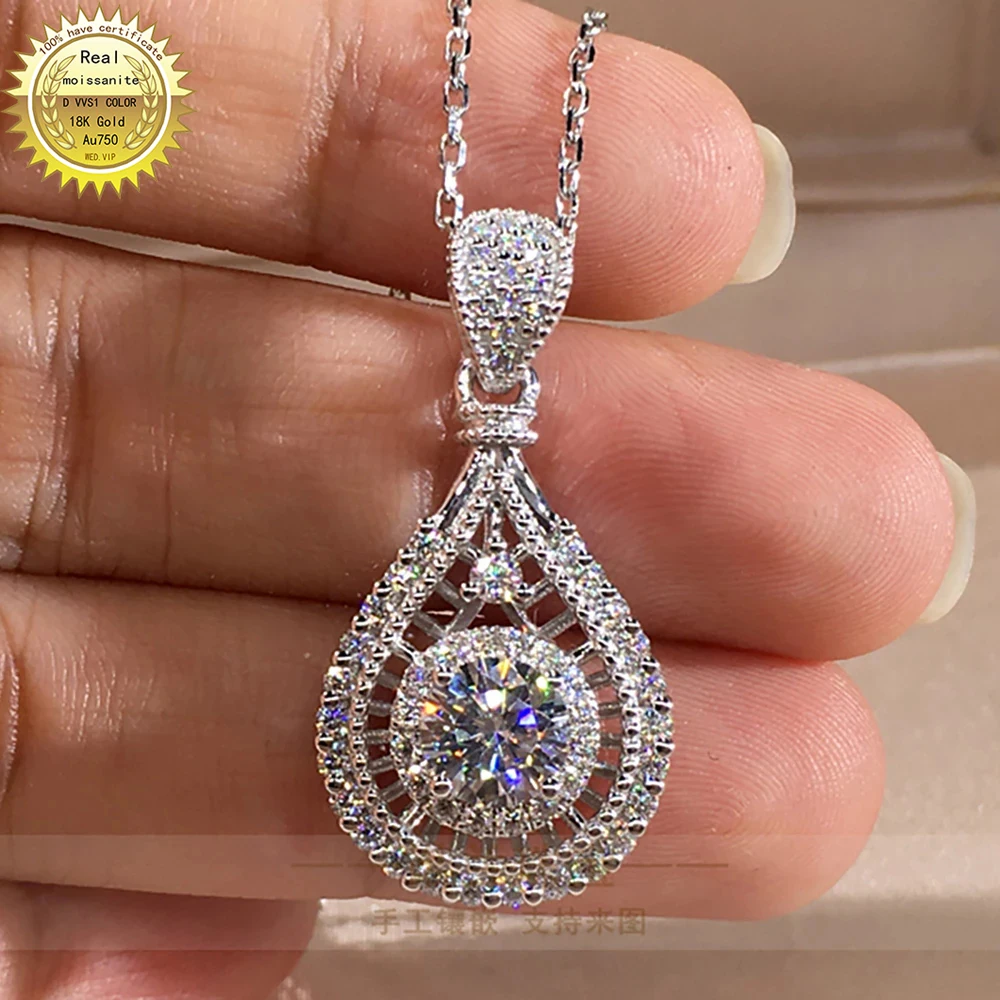 

14K Au585 Gold Women Pendant Necklaces Moissanite Diamonds Round Water Drop Wedding Party Engagement Anniversary Present Trendy