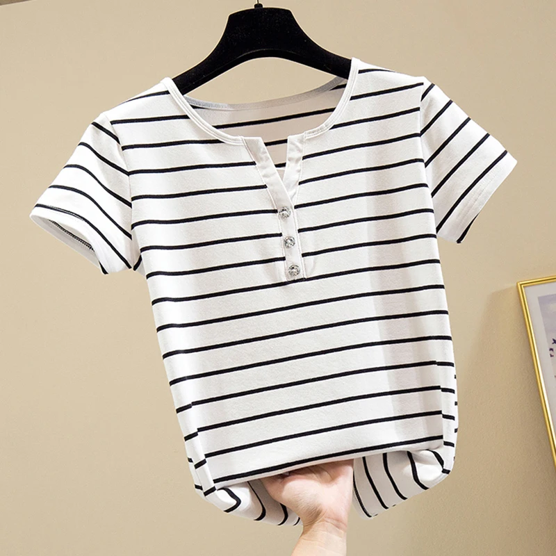 Camisetas Mujer Vintage T-Shirt Striped T Shirt Women Summer Tops Short Sleeve Tshirt Women Clothes Button Cotton Tshirt Femme