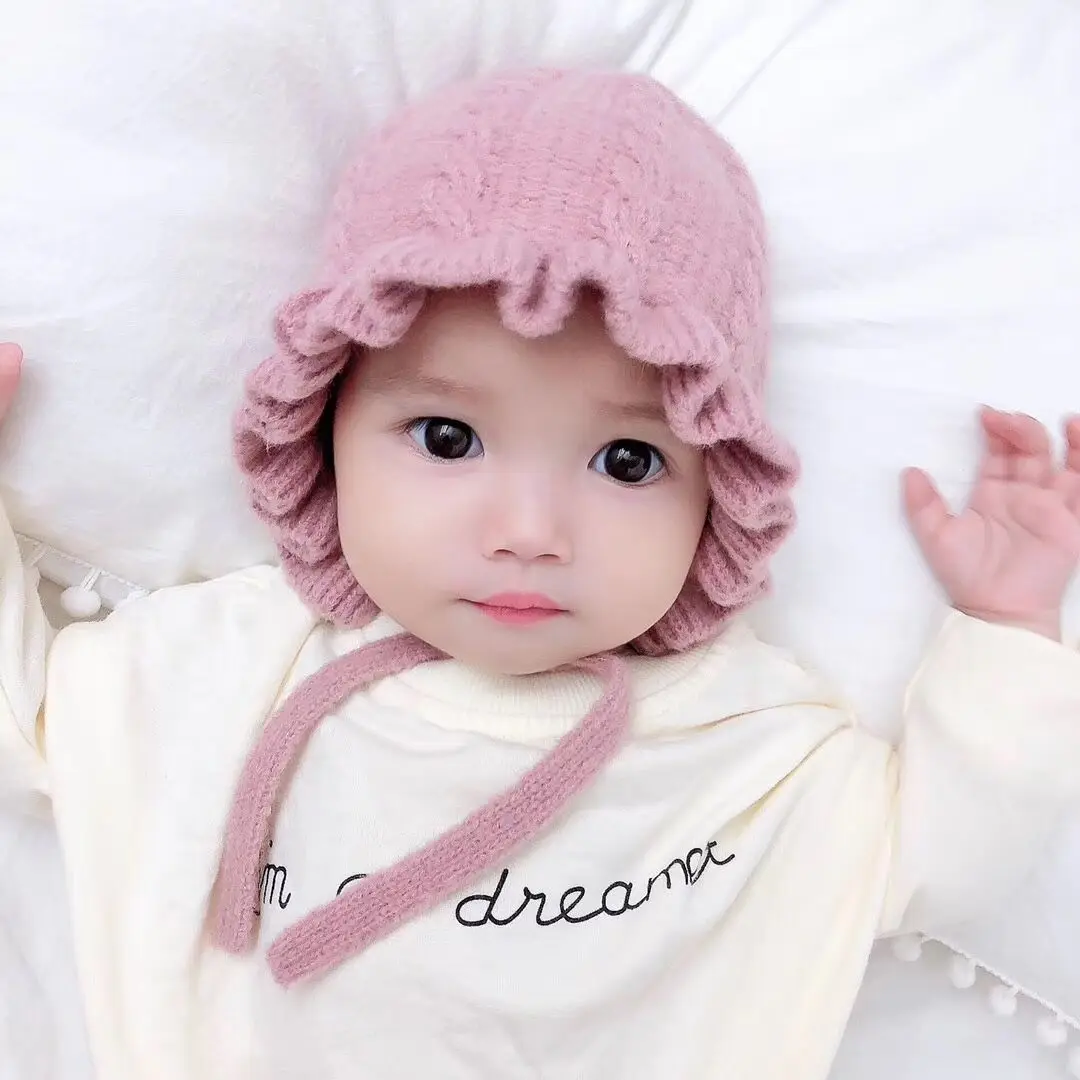 Infant Hat Winter Girl Baby Hooded Hat Autumn and Winter Ear Protection Warm Woolen Hat Lace Girls Knitted Hat