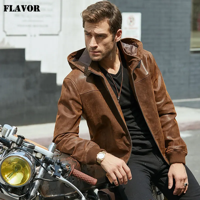FLAVOR Men's Winter Jacket Genuine Leather Pigskin With Hood