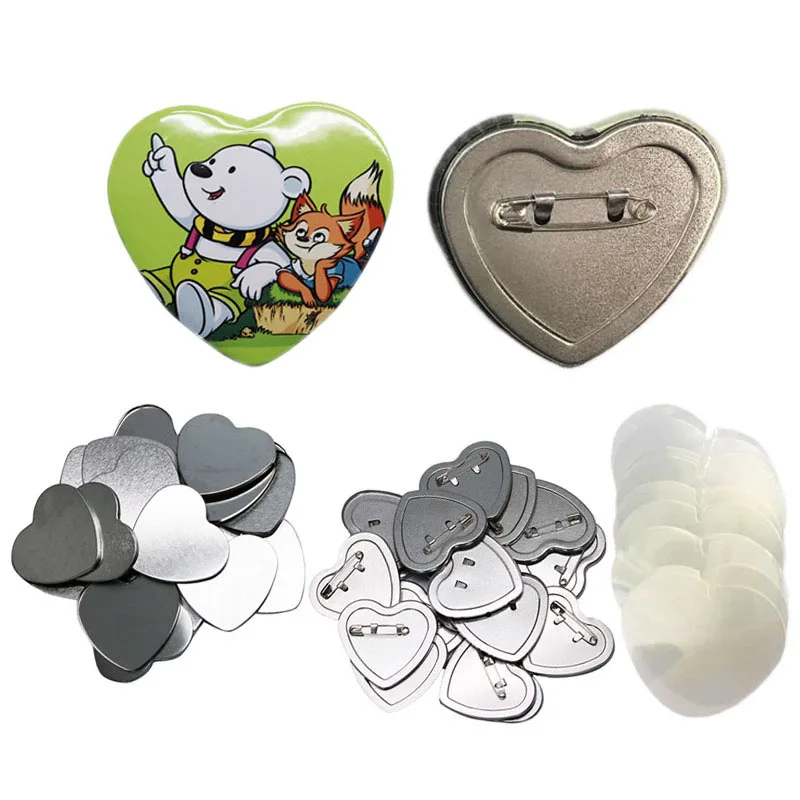 Heart Shape Pin Back Metal Button, Complete, 57x52mm, Supply Materials for Professional, All Steel Badge, Button Maker, 100 Sets