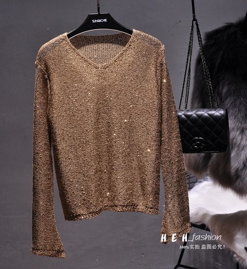 Yan Li Women Clothes 2024 Korean Fashion Knitted Sweater Pullover Sequins Glittering Hollow-out Sweater Sleeve V-neck Horn