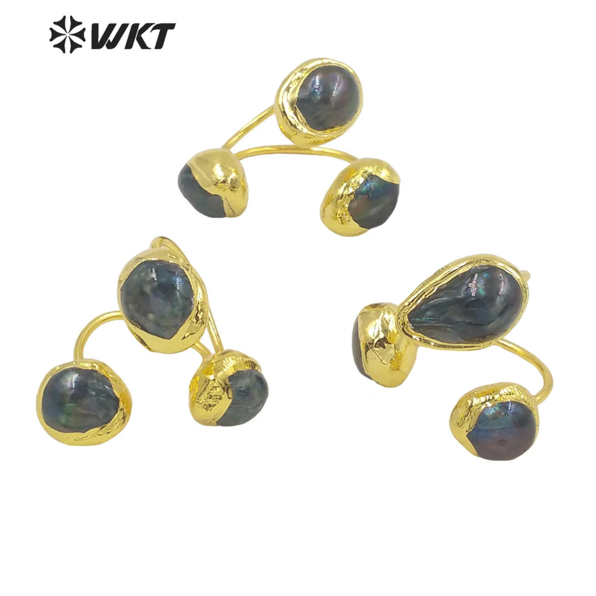 

WT-MPR026 WKT Unique Style Natural Black Pearl Ring Three Ball Gold Plated Finger Rings Women's Jewelry Gift Accessories