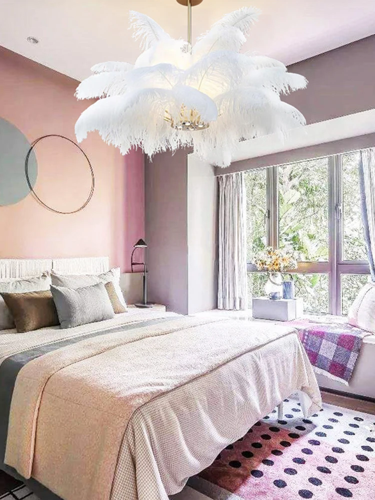 Nordic LED Pendant Lights White Natural Ostrich Feather LOFT Pendant Lamp Bedroom Living Room Restaurant Lighting Hanging Lamps