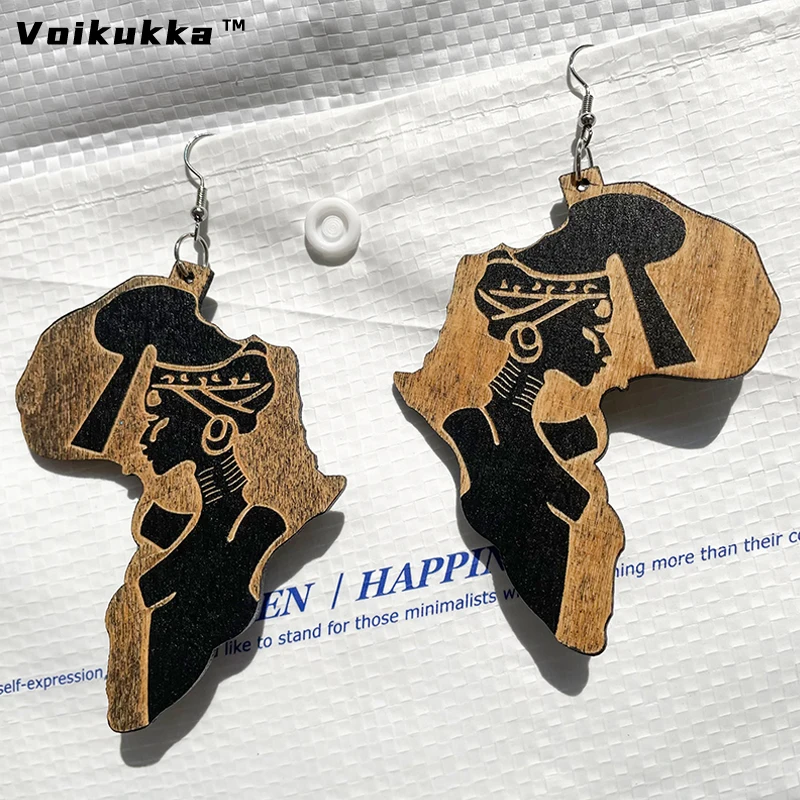 Pendientes colgantes de madera en forma de África con corte láser de joyería VOIKUKKA con accesorios étnicos de mujer africana tallada para regalo al por mayor