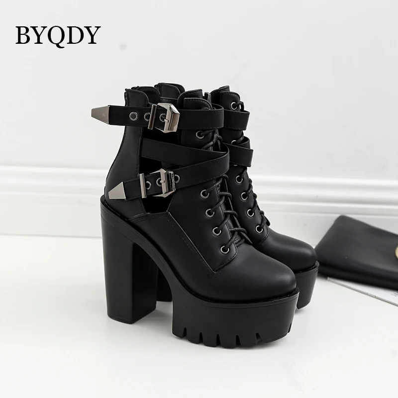 BYQDY Autumn High Heels Ankle Boots Women Buckle Strap Lace Up Black Vintage Women Short Boots Thick Platform with Zipper