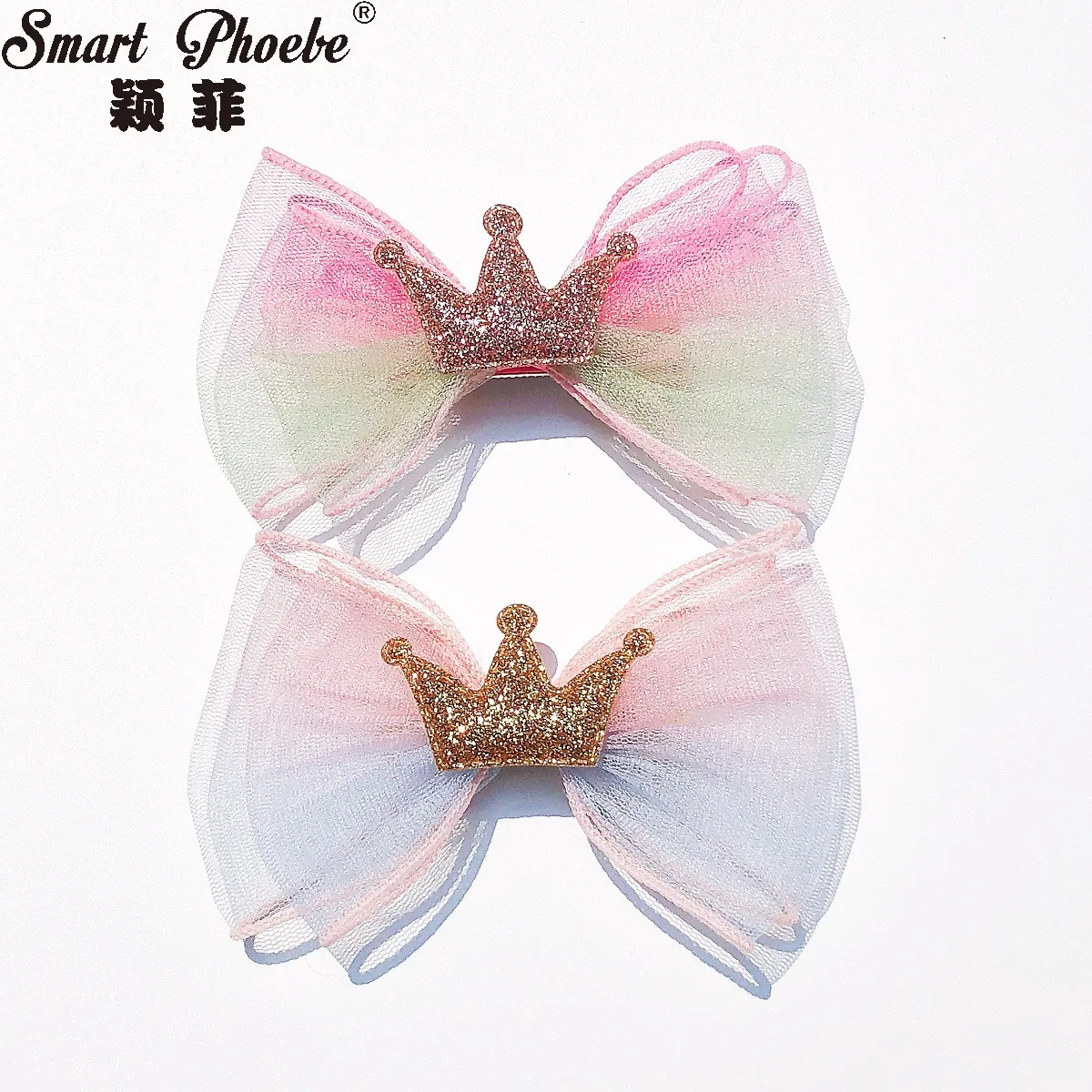 

Wholesale Boutique 10pcs Fashion Glitter Tiaras Gradient Tulle Bow Hairpins Crown Rainbow Bowknot Hair Clips Princess Headwear