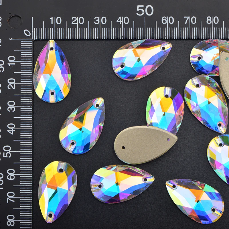 JUNAO 7X12Mm 17X28Mm Crystal AB Thả May Trên Đá Flatback Kính Strass May Thủ Công đá Kim Cương Cho DIY Đầm Bộ Kim Chỉ