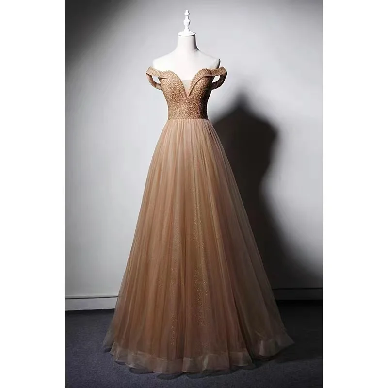 Luxe Gold Prom Dresses A-lijn Pailletten Kralen Sexy V-hals Uit De Schouder Vloer-Lengte Formele Lange Wedding Party Prom gown Nieuwe