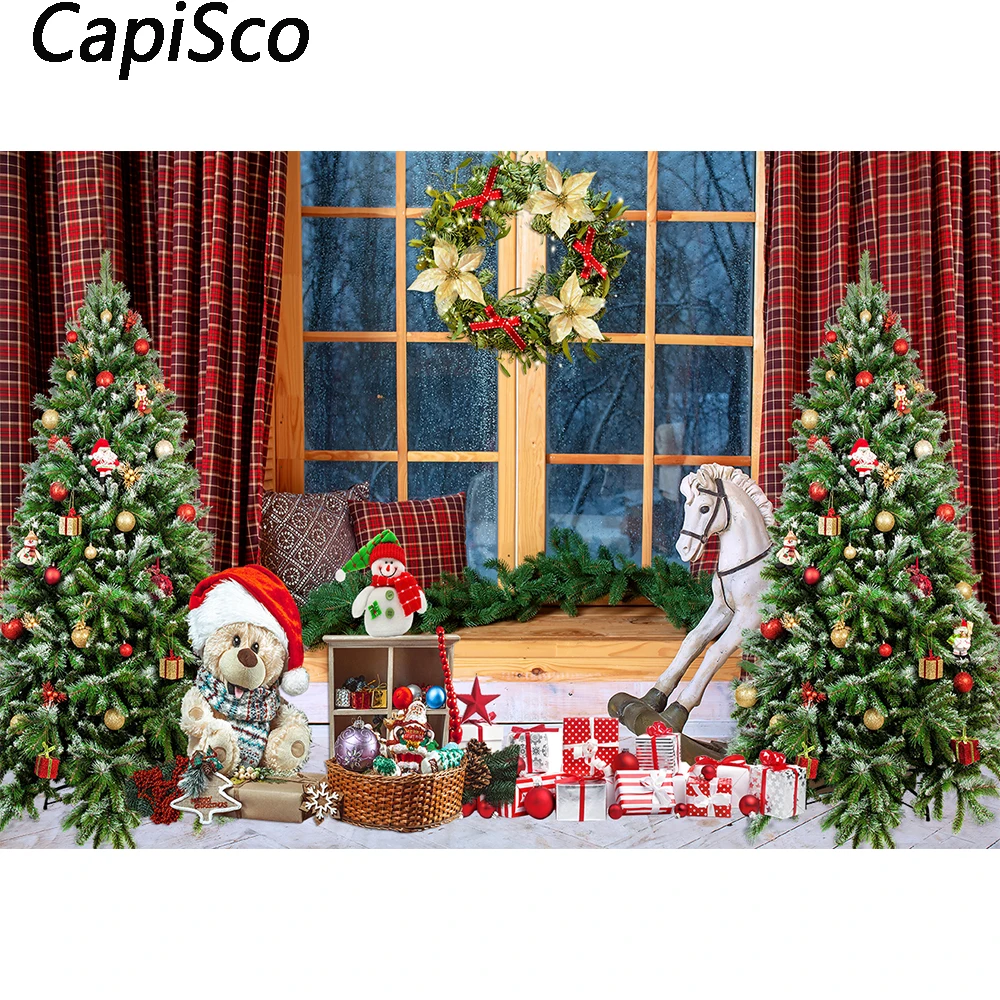 Capisco Christmas Backdrop Bear Doll Toy Xmas Tree Wreath Photography Background Kid Child Portrait Photoshoot Studio Props