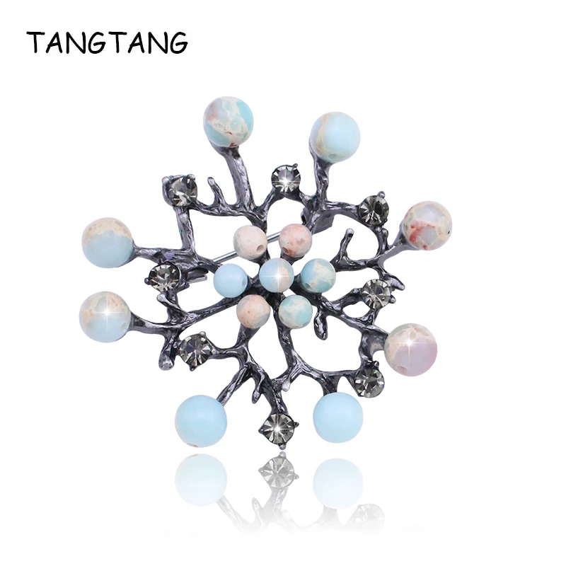 TANGTANG Round Brooch For Men Nature Stone Beaded Black Tone Tin Alloy Brooch Lovely Rhinestone Brooch Pin Jewelry Accessories