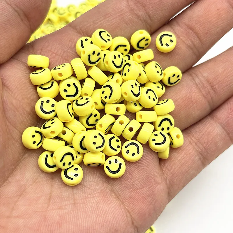 100pcs 7*4mm Yellow Smiling Face Letter Acrylic Loose Spacer Beads for Jewelry Making DIY Bracelet Accessories