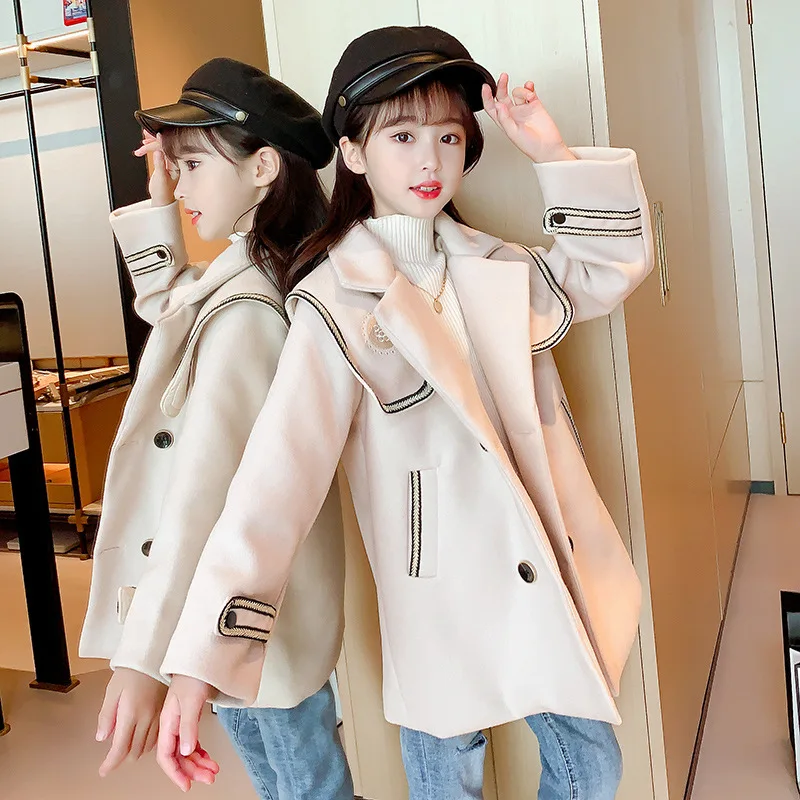 Woolen Girls Kids Coat Jacket 2021 Sweet Warm Thicken Winter Autumn Cotton Cardigan Buttons Outerwear Children's Clothing