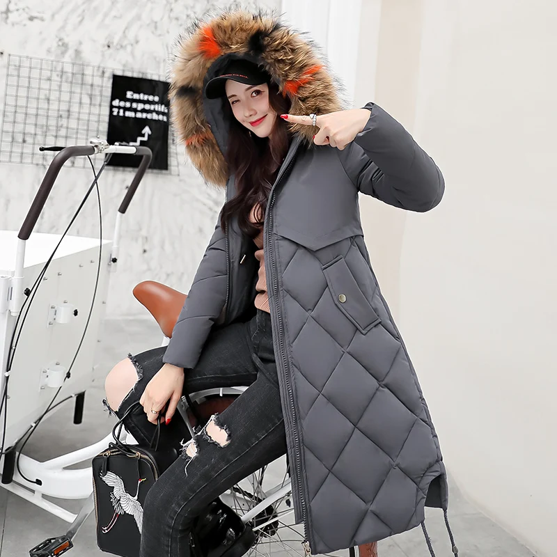 Thick Women Winter Jacket Down Cotton Parkas Ladies Long Coat Korean Slim Top Female Color Fur Hooded Warm Clothes LWL992