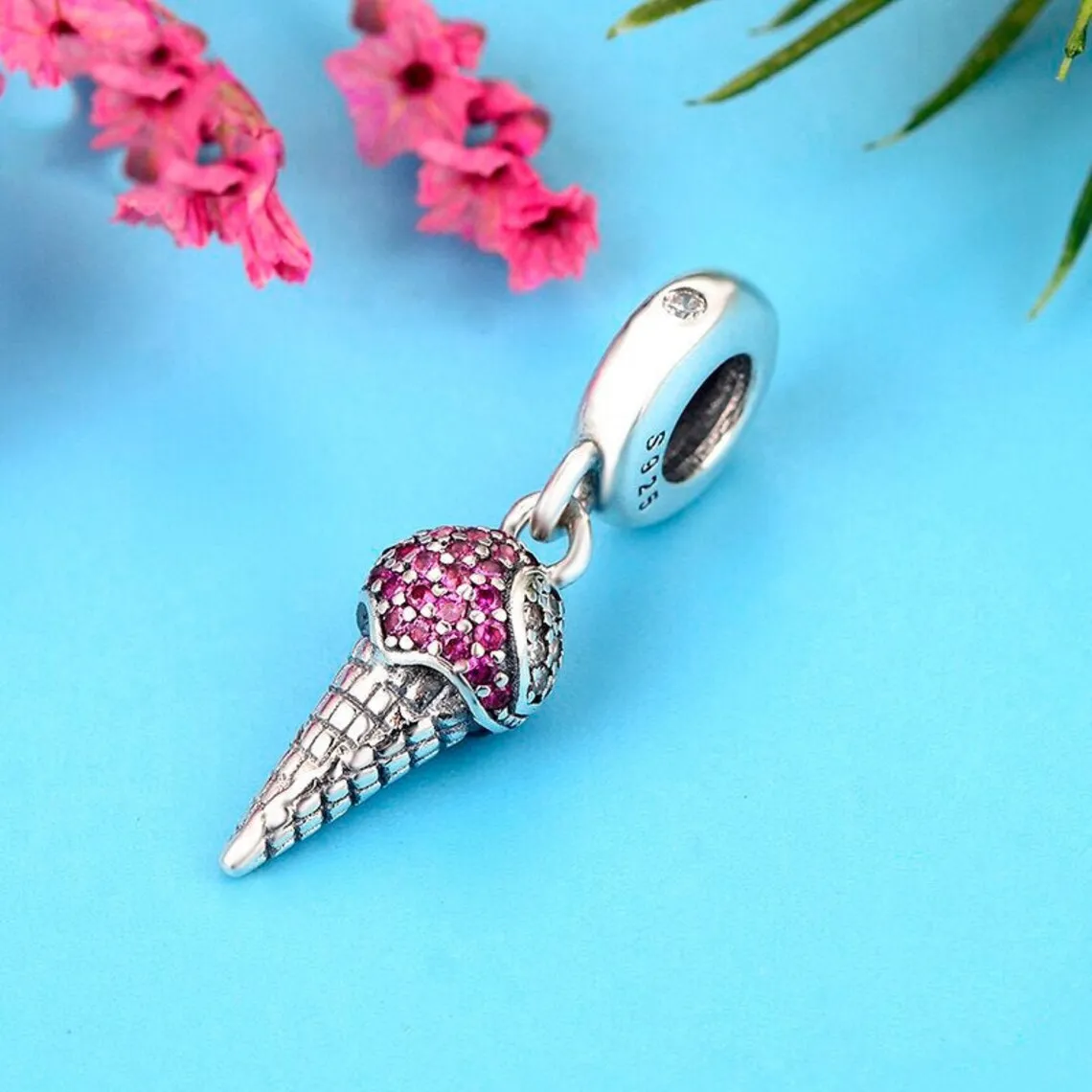 925 Sterling Silver Pavé Ice Cream with Rose Red Crystal Charm Bead Fits All European Pandora Jewelry Bracelets Necklaces