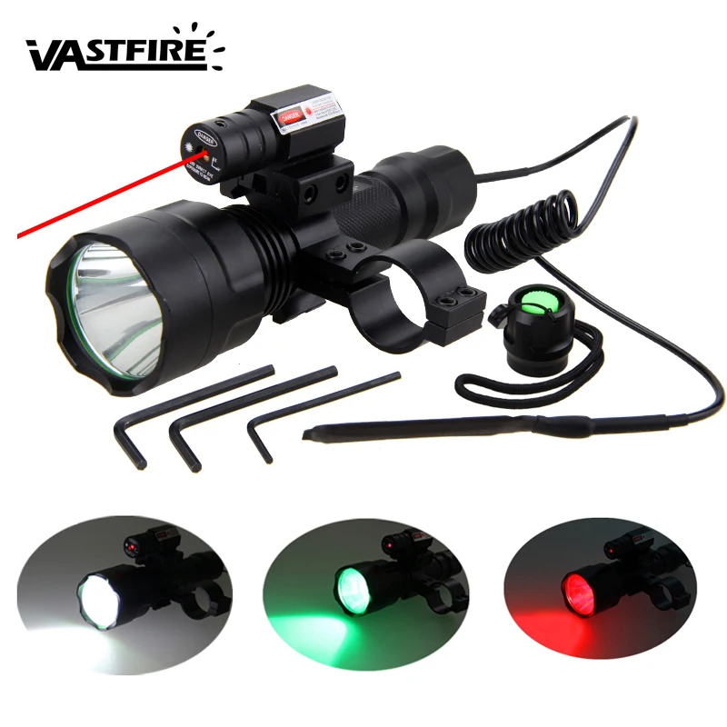 LED Tactical Hunting Flashlight Red Green White Rifle Gun Light+Laser Dot Sight Scope+Press Remote Switch+20mm Rail Barrel Mount