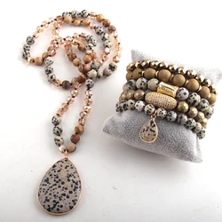 RH Fashion Jewelry Set Semi Precious Beaded Dalmatian Stone Knotted Stones Pendant Necklace and Bracelet set For Women Jewelry