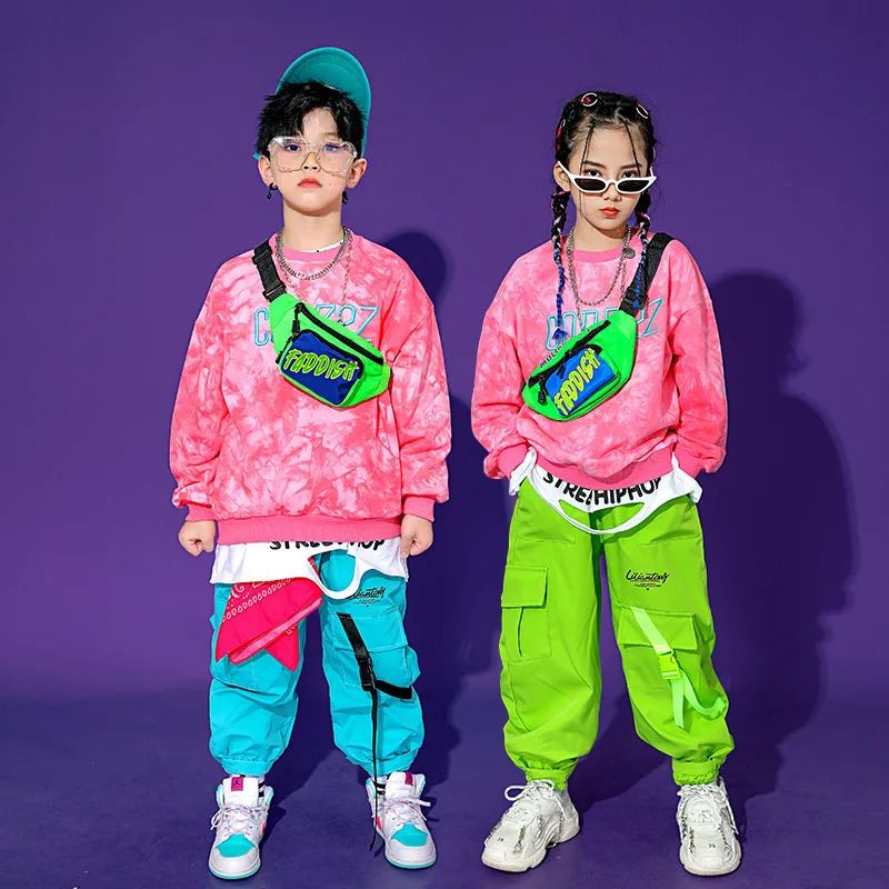 Kid Hip Hop Clothing Pink Tie Dye Sweatshirt Top Casual Cargo Jogger Pants for Girl Boys Jazz Dance Costume Clothes Outfits Set