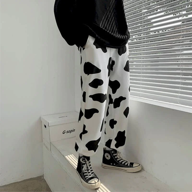 Cow pattern casual pants men women 2022 spring autumn new streetwear Korean Harajuku loose straight leggings harem trend