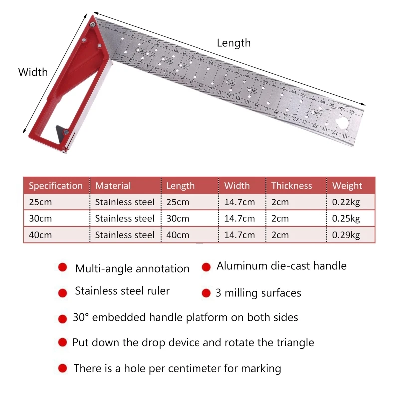 2021 nowa obróbka drewna L kwadratowa linijka 40cm stal nierdzewna kąt prosty 45/90 ° trójkąt reguła
