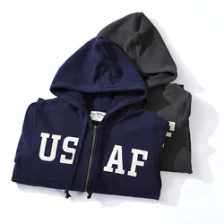 American Retro Zip Thick Hoodie Jacket Terry Sweatershirt Printed  Vintage Casual Sweatshirts Fall and Winter Men's