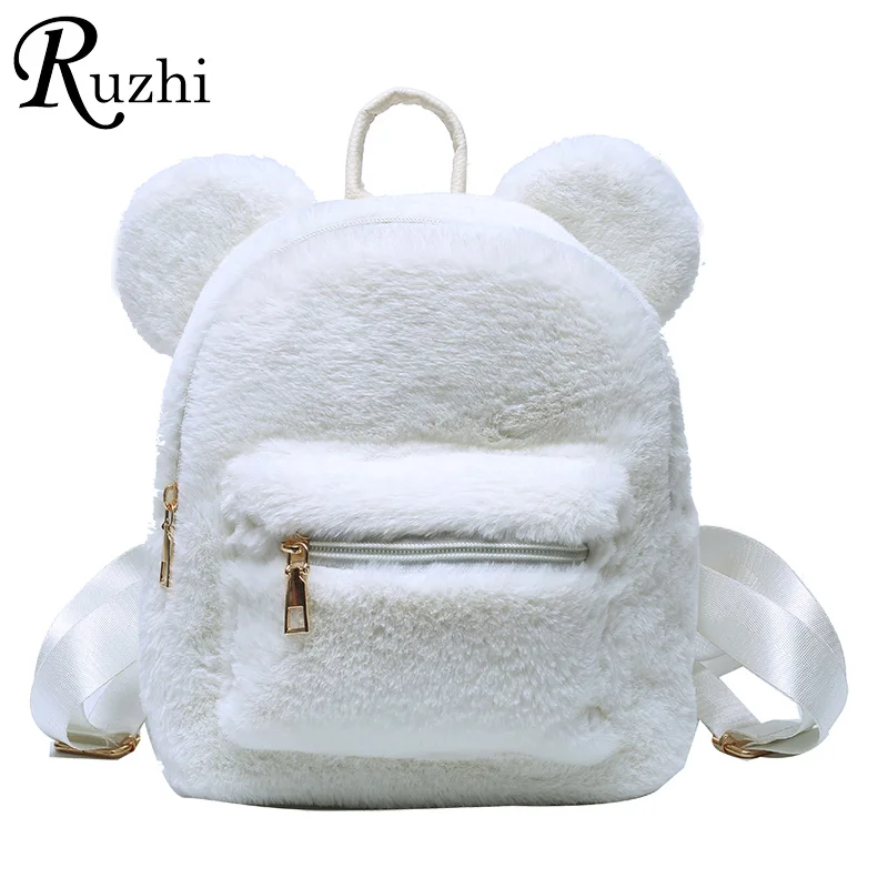 Plush Women\'s Backpack With Bear Ears Fur Shoulders Bag Cute Furry Women Bag Bag Packs For Girls 2021 KPOP Mini Backpack Lady