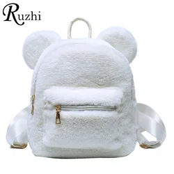 Mochila de pelúcia com orelhas de urso para mulheres Bolsa de Ombro de Pele Saco Peludo Bonito, Packs for Girls KPOP Mini Backpack, Lady, 2021